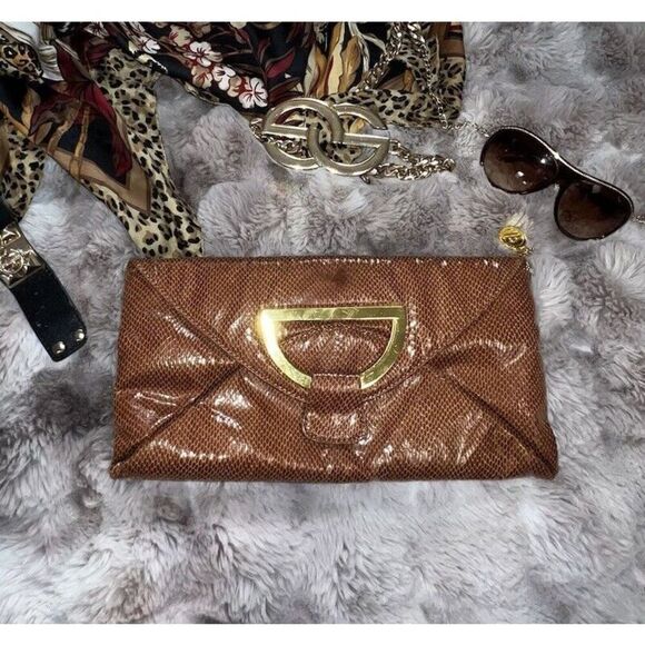 Big Buddha Faux Snakeskin Brown Clutch Oversized Gold Ornament/buckle, Purse - Picture 12 of 14